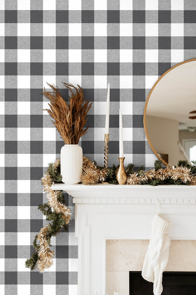 NW34500H holiday Christmas plaid peel and stick removable wallpaper fireplace from Nextwall