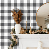 NW34500H holiday Christmas plaid peel and stick removable wallpaper fireplace from Nextwall