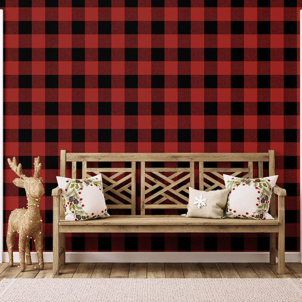 NW34501 buffalo plaid Christmas peel and stick removable wallpaper entryway from NextWall