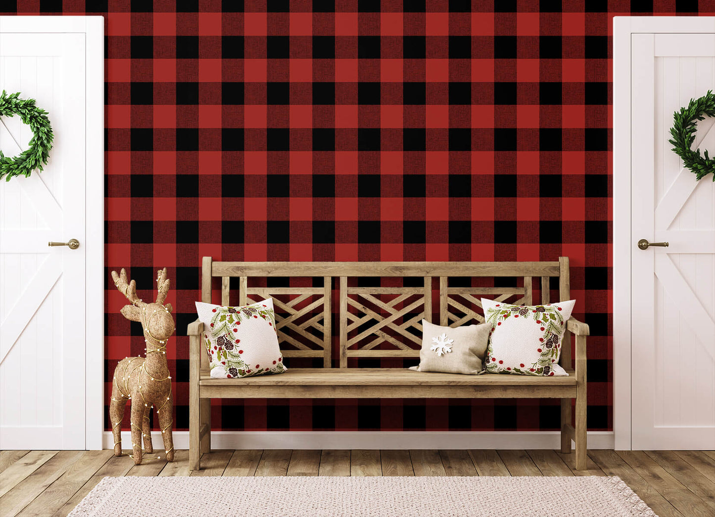 NW34501 buffalo plaid Christmas peel and stick removable wallpaper entryway from NextWall