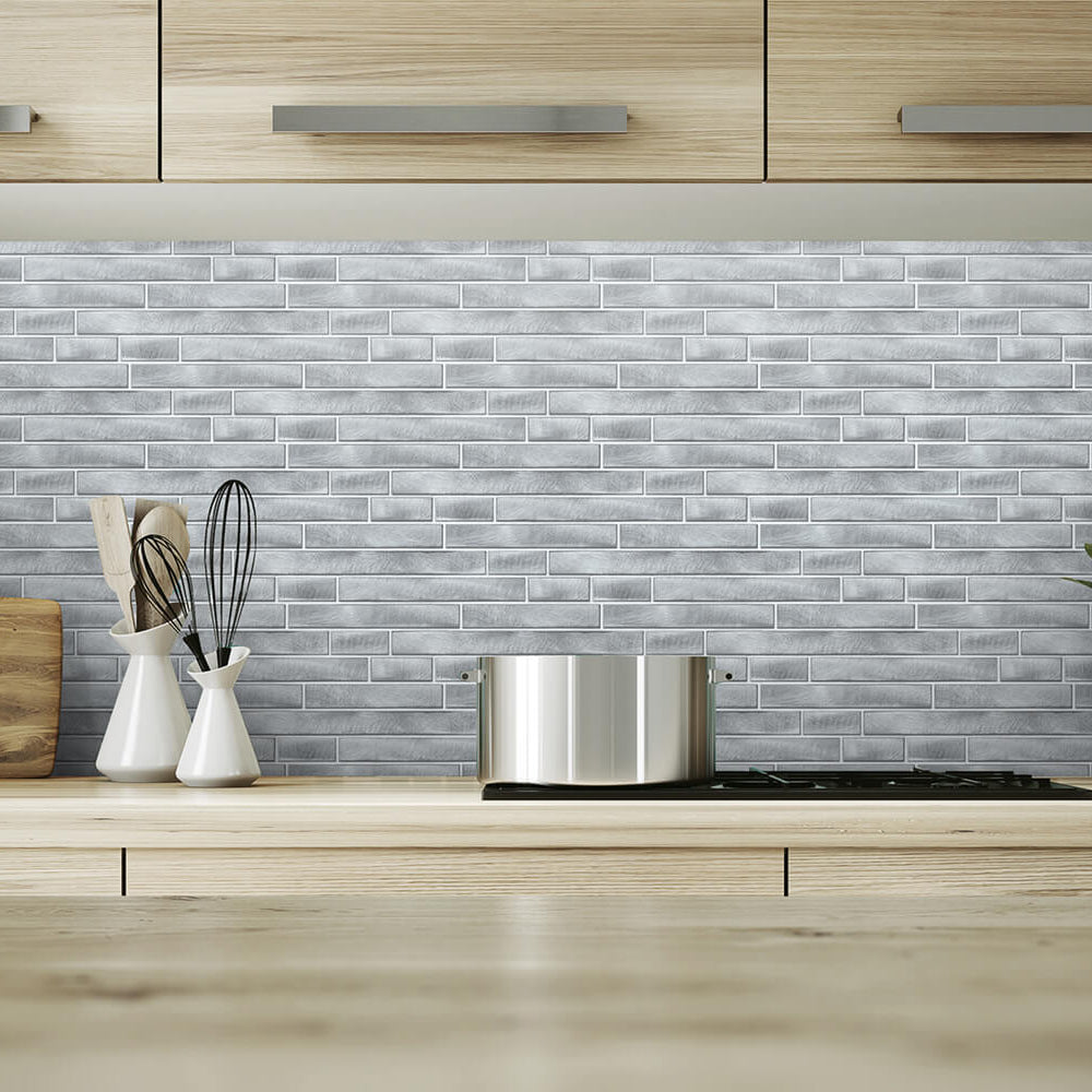 
                  
                    NW34608 brushed metal tile peel and stick removable wallpaper backsplash by NextWall
                  
                