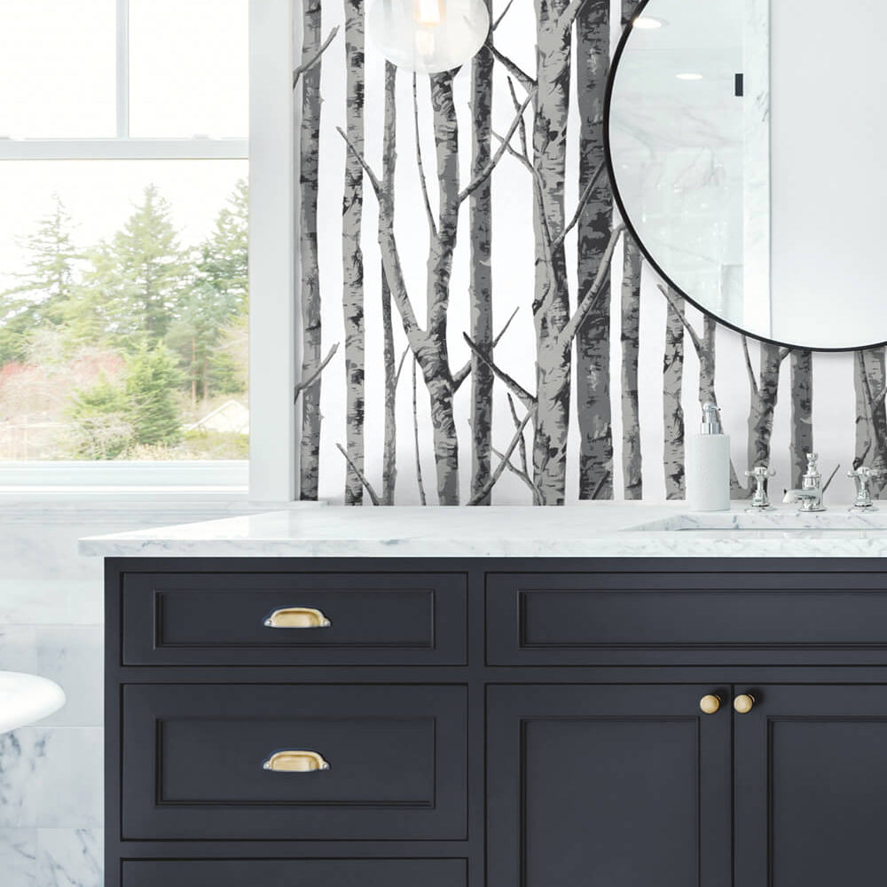 NW34800 birch tree peel and stick removable wallpaper bathroom by NextWall