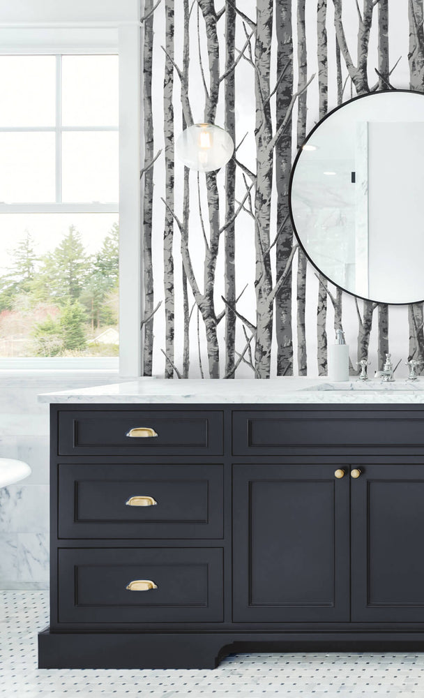 NW34800 birch tree peel and stick removable wallpaper bathroom by NextWall
