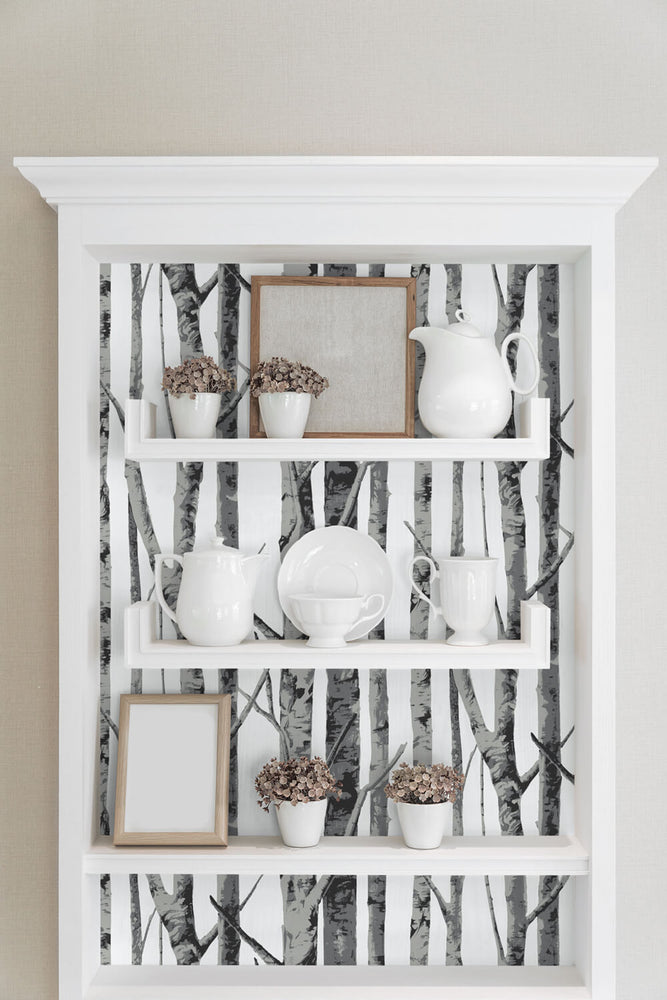 NW34800 birch tree peel and stick removable wallpaper shelf by NextWall