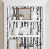 NW34800 birch tree peel and stick removable wallpaper shelf by NextWall