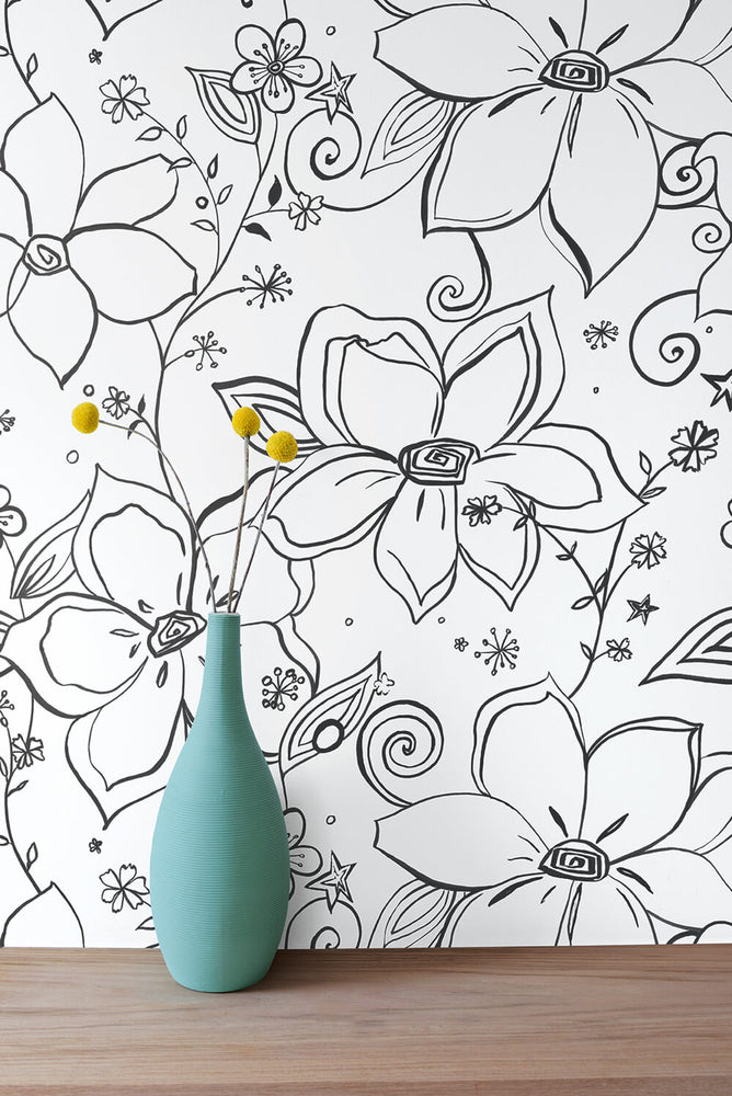 NW34900 black linework floral peel and stick wallpaper vase by NextWall