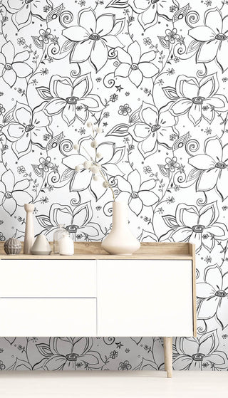NW34900 black linework floral peel and stick wallpaper decor by NextWall
