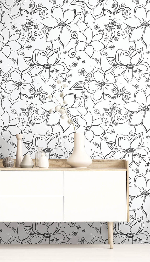 NW34900 black linework floral peel and stick wallpaper decor by NextWall