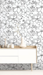 NW34900 black linework floral peel and stick wallpaper decor by NextWall