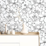 NW34900 black linework floral peel and stick wallpaper decor by NextWall