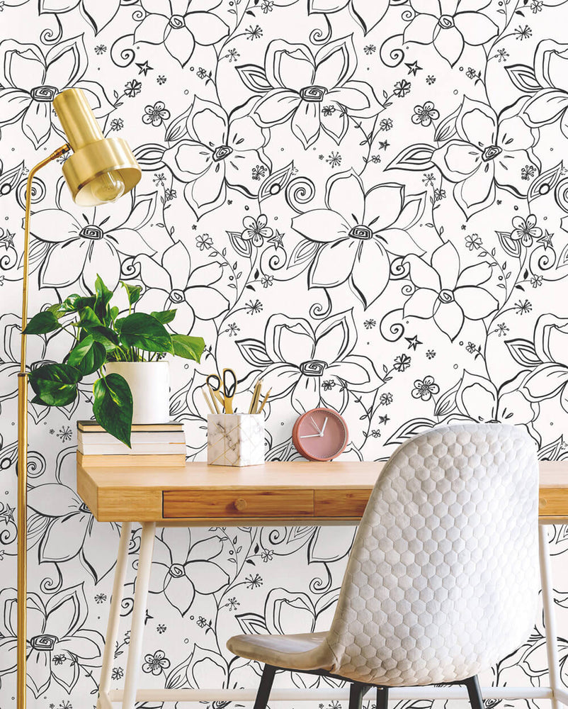 NW34900 black linework floral peel and stick wallpaper desk by NextWall