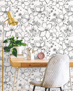 NW34900 black linework floral peel and stick wallpaper desk by NextWall