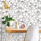 NW34900 black linework floral peel and stick wallpaper desk by NextWall