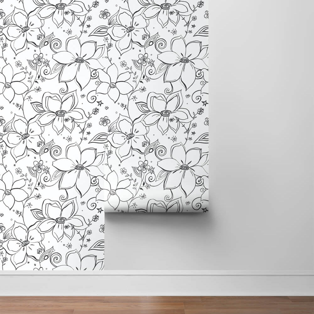 
                  
                    NW34900 black linework floral peel and stick wallpaper roll by NextWall
                  
                