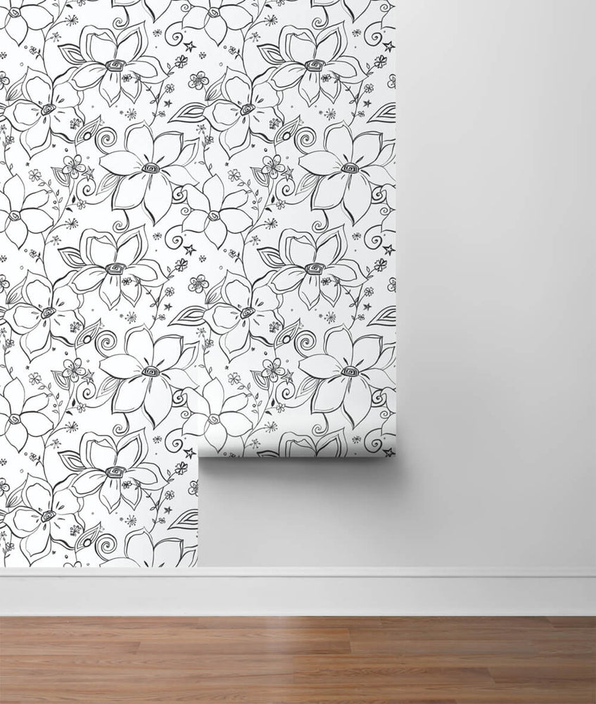 NW34900 black linework floral peel and stick wallpaper roll by NextWall