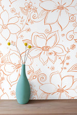 NW34905 orange linework floral peel and stick wallpaper vase by NextWall