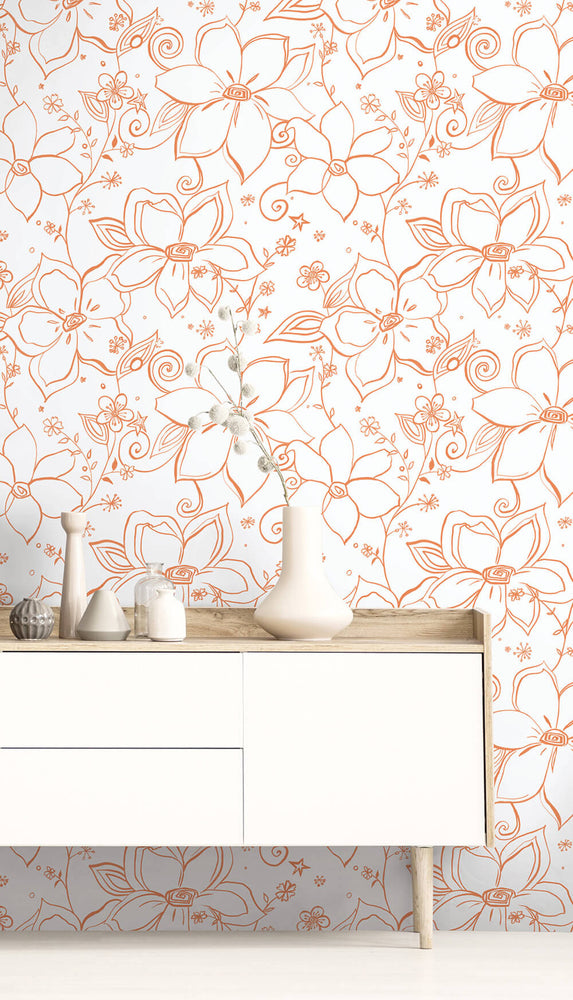 NW34905 orange linework floral peel and stick wallpaper decor by NextWall