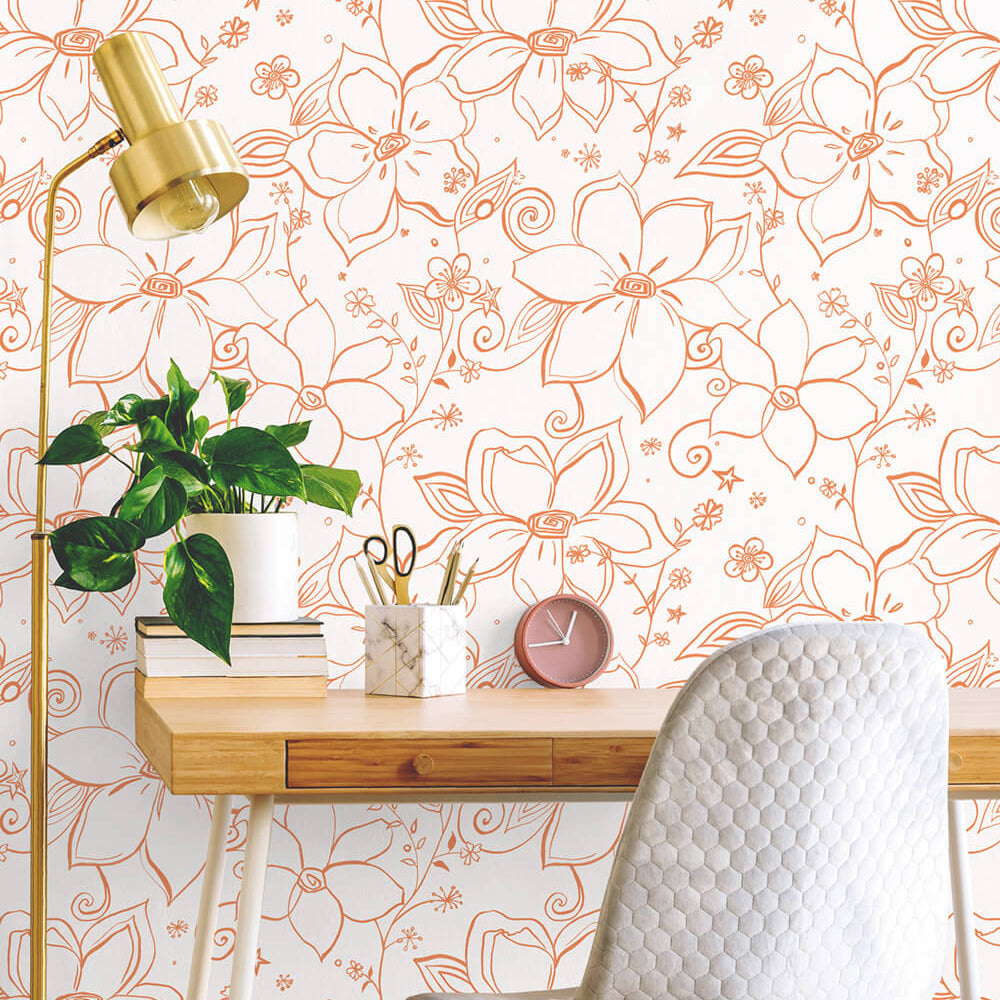 
                  
                    NW34905 orange linework floral peel and stick wallpaper desk by NextWall
                  
                