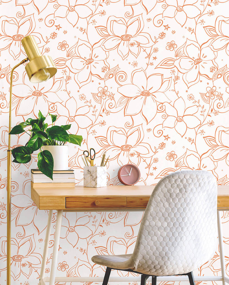 NW34905 orange linework floral peel and stick wallpaper desk by NextWall