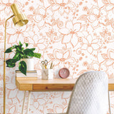 NW34905 orange linework floral peel and stick wallpaper desk by NextWall