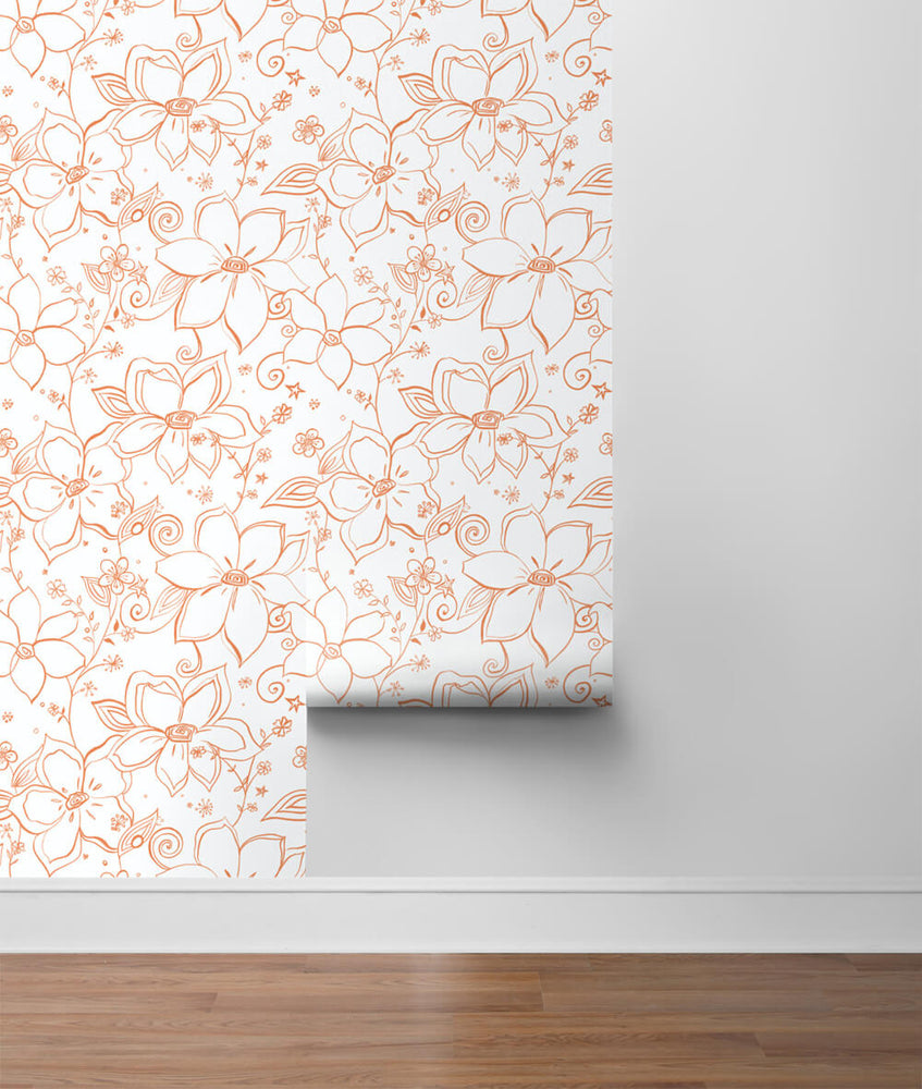 NW34905 orange linework floral peel and stick wallpaper roll by NextWall