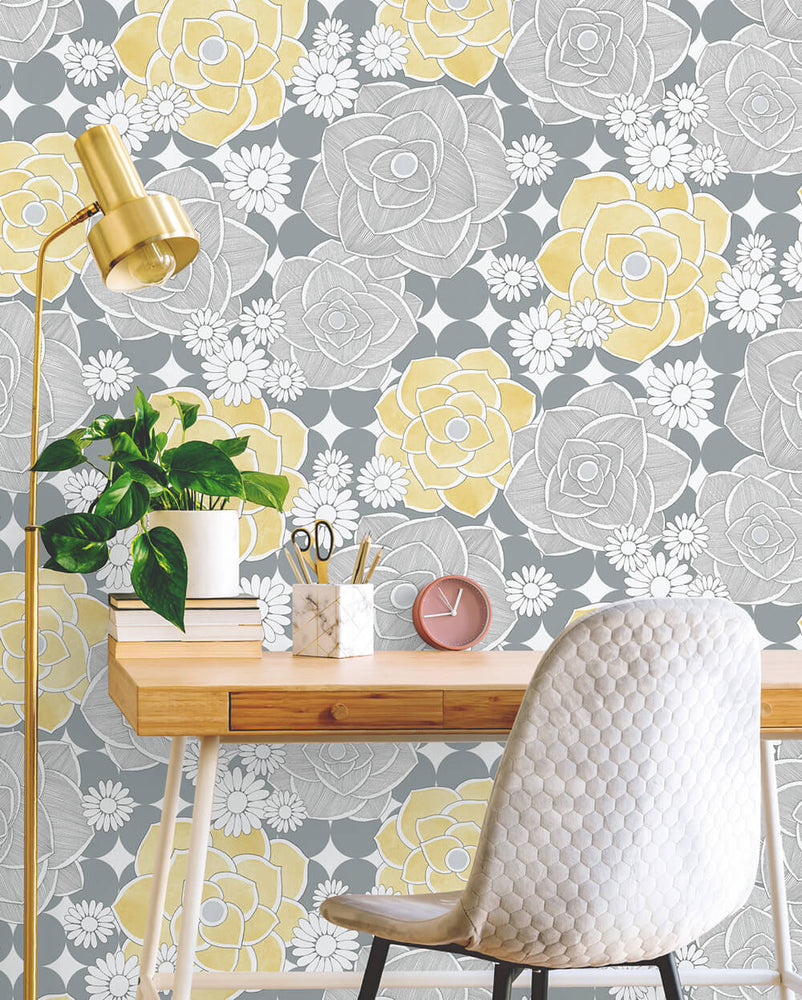 NW35203 retro floral peel and stick removable wallpaper desk by NextWall