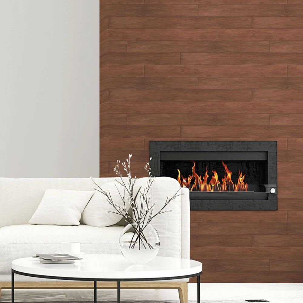 
                  
                    NW35405 teak planks wood peel and stick removable wallpaper fireplace from NextWall
                  
                