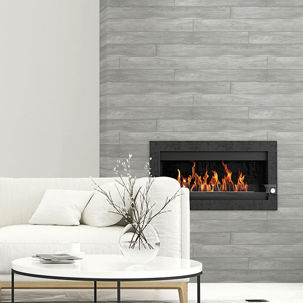 
                  
                    NW35408 teak planks wood peel and stick removable wallpaper fireplace from NextWall
                  
                