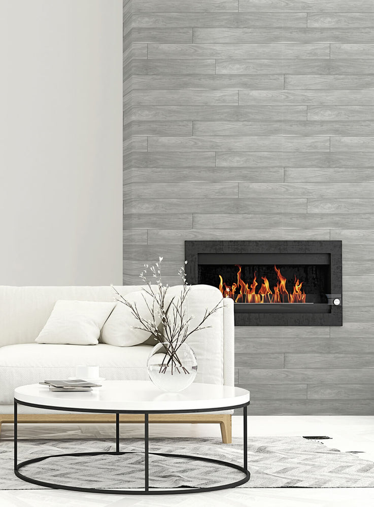 NW35408 teak planks wood peel and stick removable wallpaper fireplace from NextWall