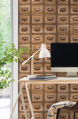 NW35505 library card catalog vintage peel and stick removable wallpaper desk from NextWall