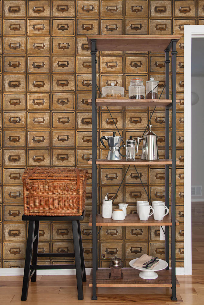 NW35505 library card catalog vintage peel and stick removable wallpaper kitchen from NextWall