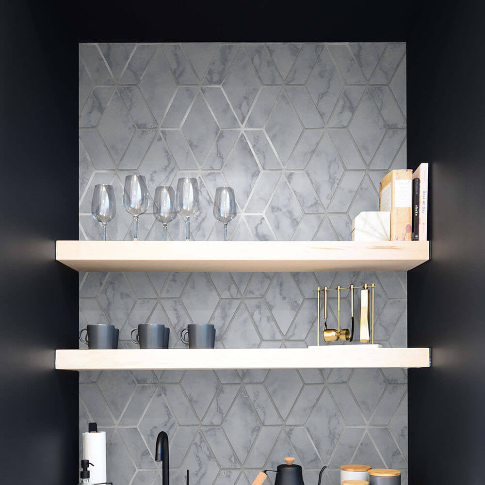 
                  
                    NW35700 metallic silver marble tile peel and stick wallpaper wet bar by NextWall
                  
                
