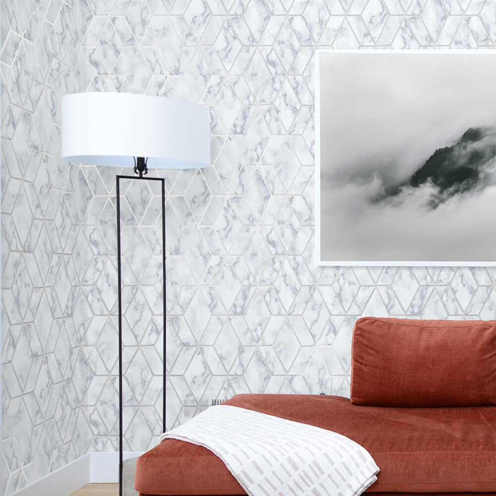 
                  
                    NW35700 metallic silver marble tile peel and stick wallpaper living room by NextWall
                  
                