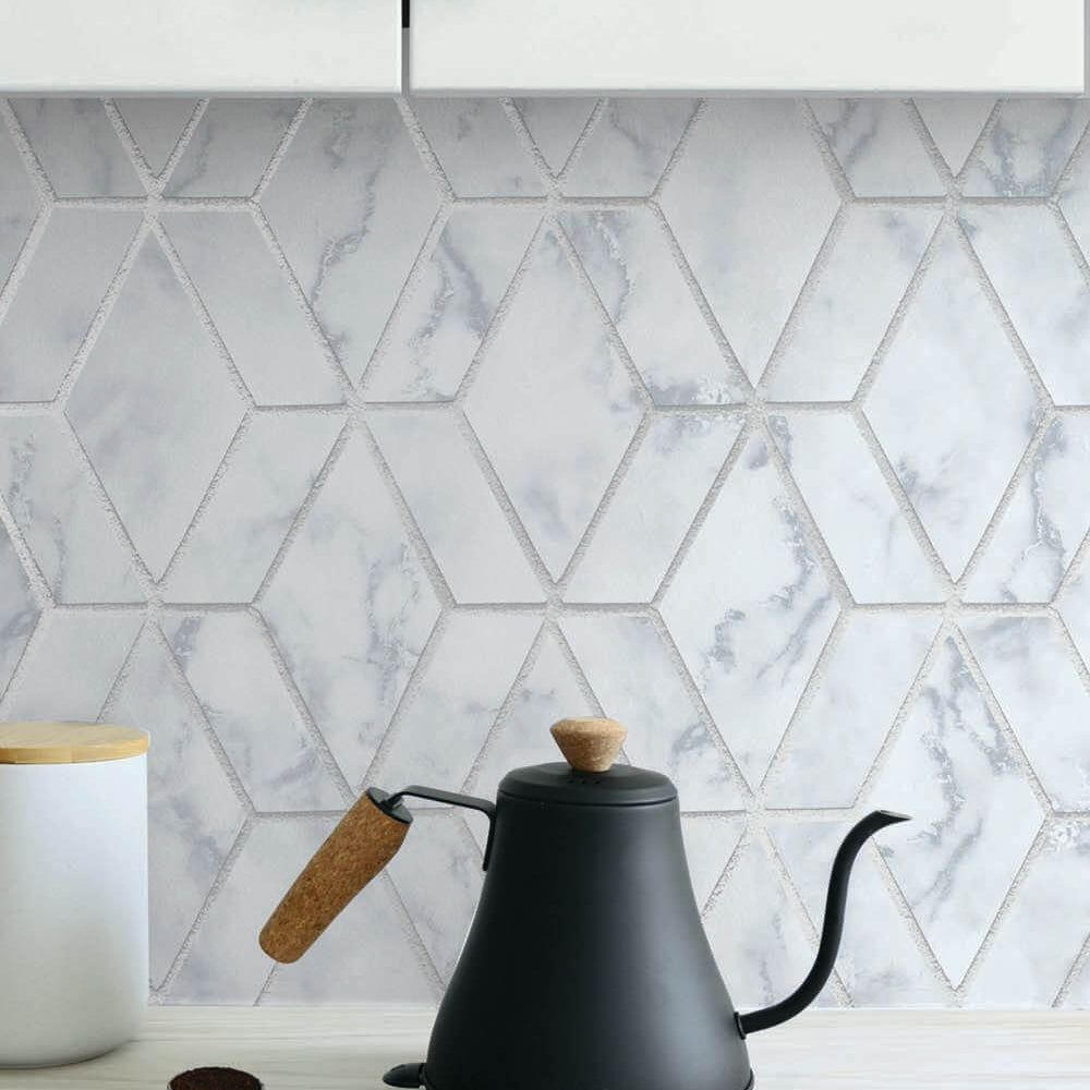 
                  
                    NW35700 metallic silver marble tile peel and stick wallpaper backsplash by NextWall
                  
                