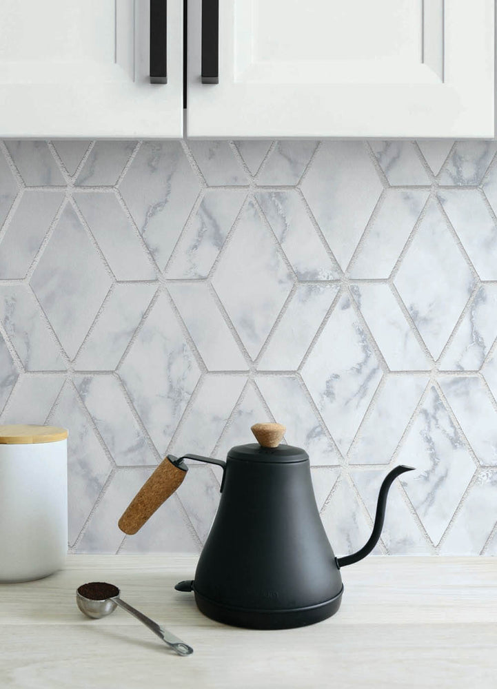 NW35700 metallic silver marble tile peel and stick wallpaper backsplash by NextWall