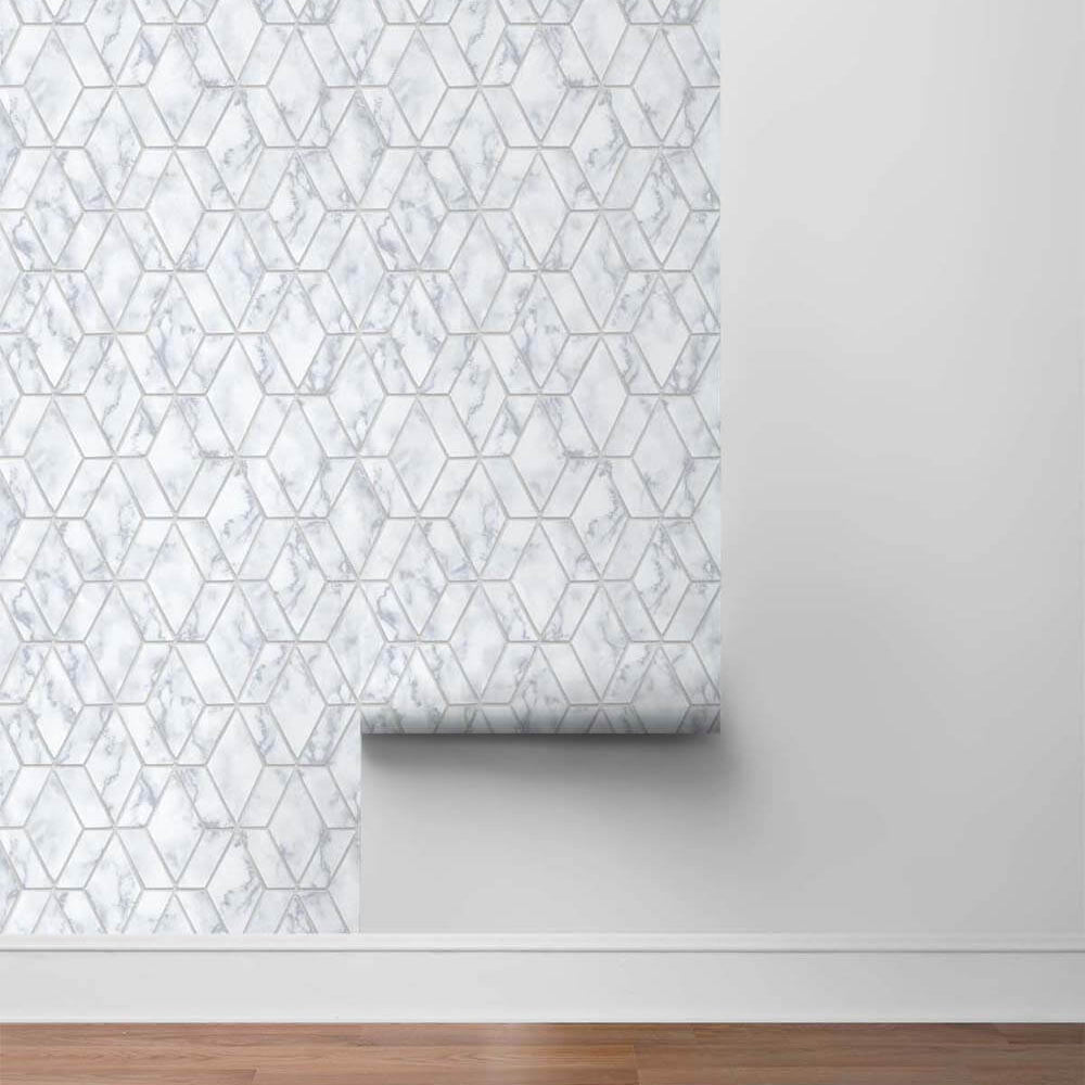 
                  
                    NW35700 metallic silver marble tile peel and stick wallpaper roll by NextWall
                  
                