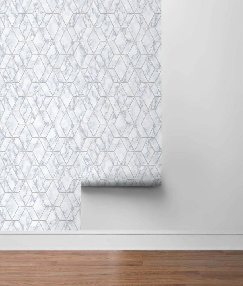 NW35700 metallic silver marble tile peel and stick wallpaper roll by NextWall