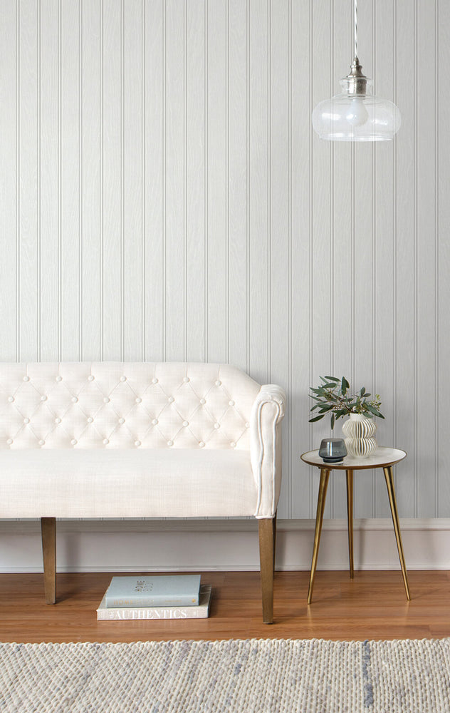 NW35800 Faux beadboard peel and stick removable wallpaper living room from NextWall