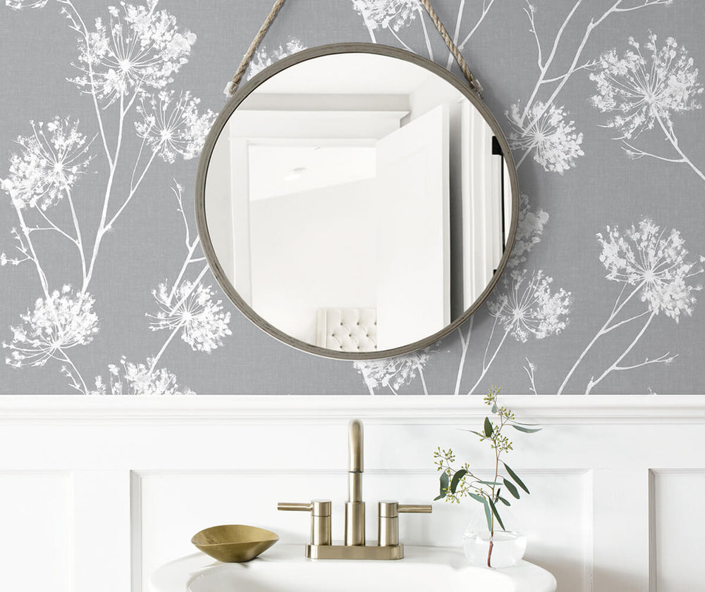 NW36008 one o'clock botanical peel and stick removable wallpaper bathroom from NextWall