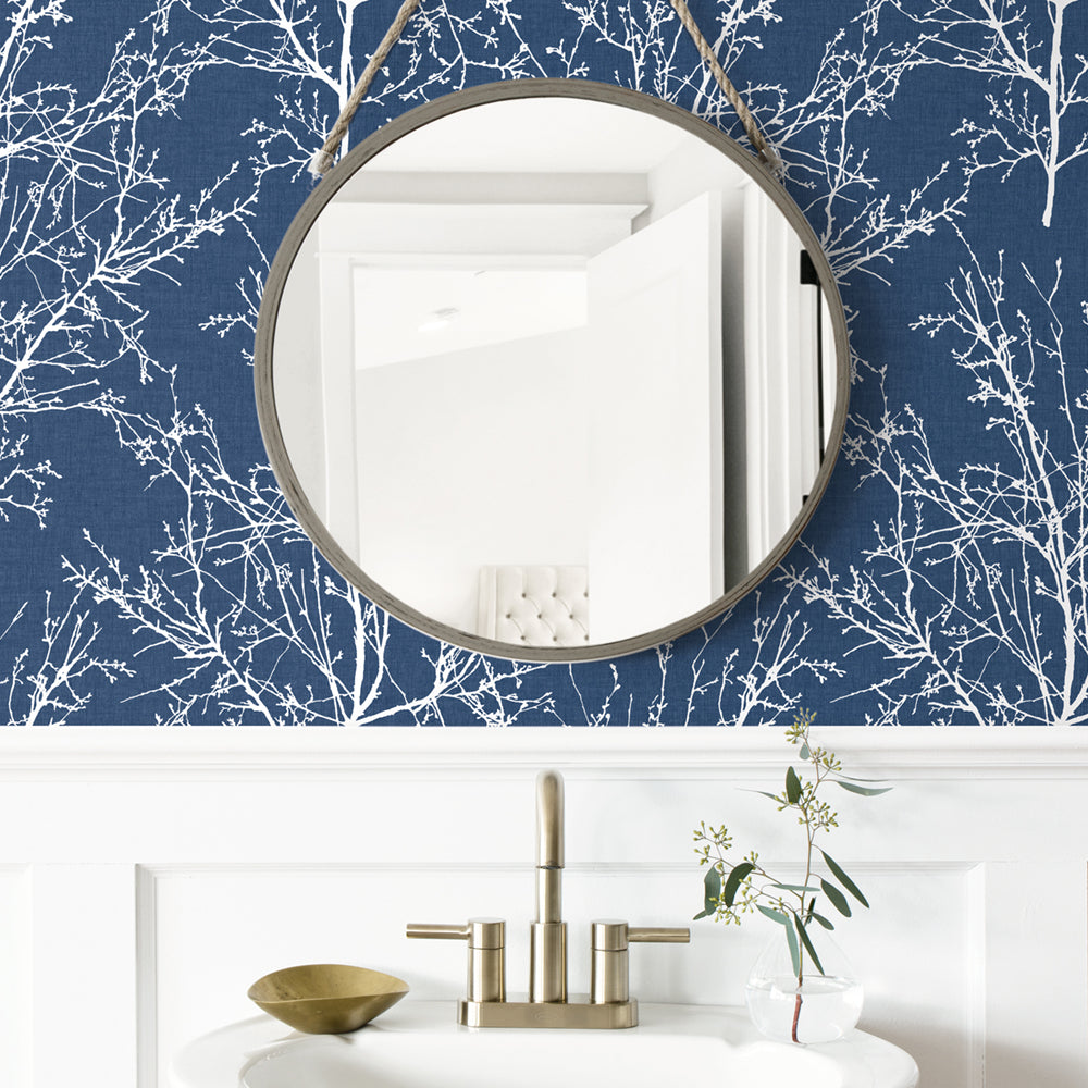 
                  
                    NW36102 blue tree branch botanical peel and stick removable wallpaper bathroom by NextWall
                  
                