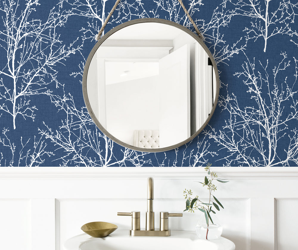 NW36102 blue tree branch botanical peel and stick removable wallpaper bathroom by NextWall
