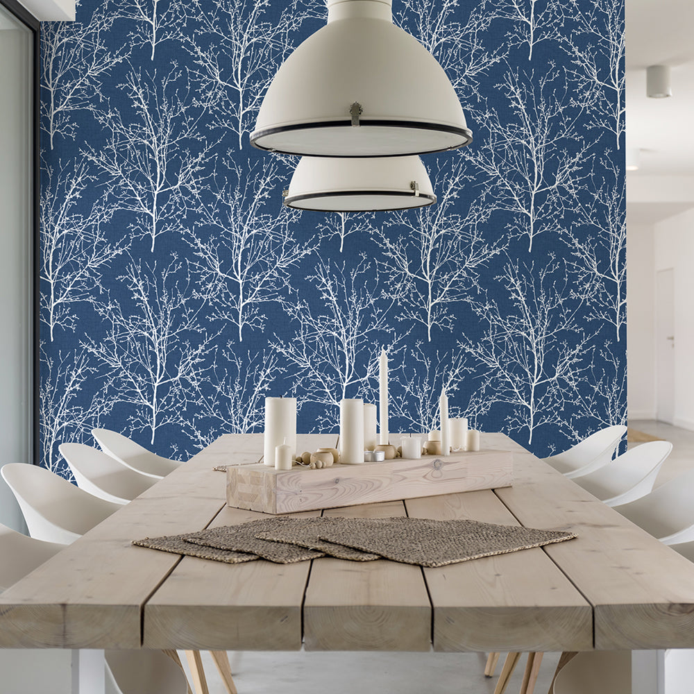 
                  
                    NW36102 blue tree branch botanical peel and stick removable wallpaper dining room by NextWall
                  
                