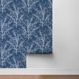 NW36102 blue tree branch botanical peel and stick removable wallpaper roll by NextWall