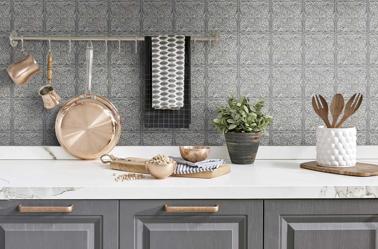 NW36200 faux embossed tile peel and stick removable wallpaper kitchen from NextWall