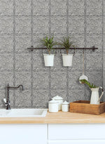 NW36200 faux embossed tile peel and stick removable wallpaper backsplash from NextWall