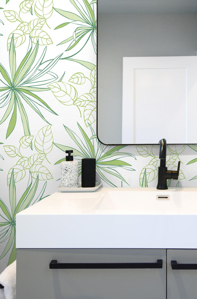NW36304 spider plant botanical peel and stick removable wallpaper bathroom from NextWall
