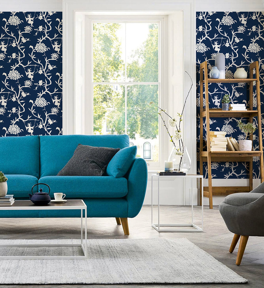NW36602 chinoiserie silhouette botanical peel and stick wallpaper living room from NextWall