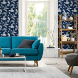 NW36602 chinoiserie silhouette botanical peel and stick wallpaper living room from NextWall