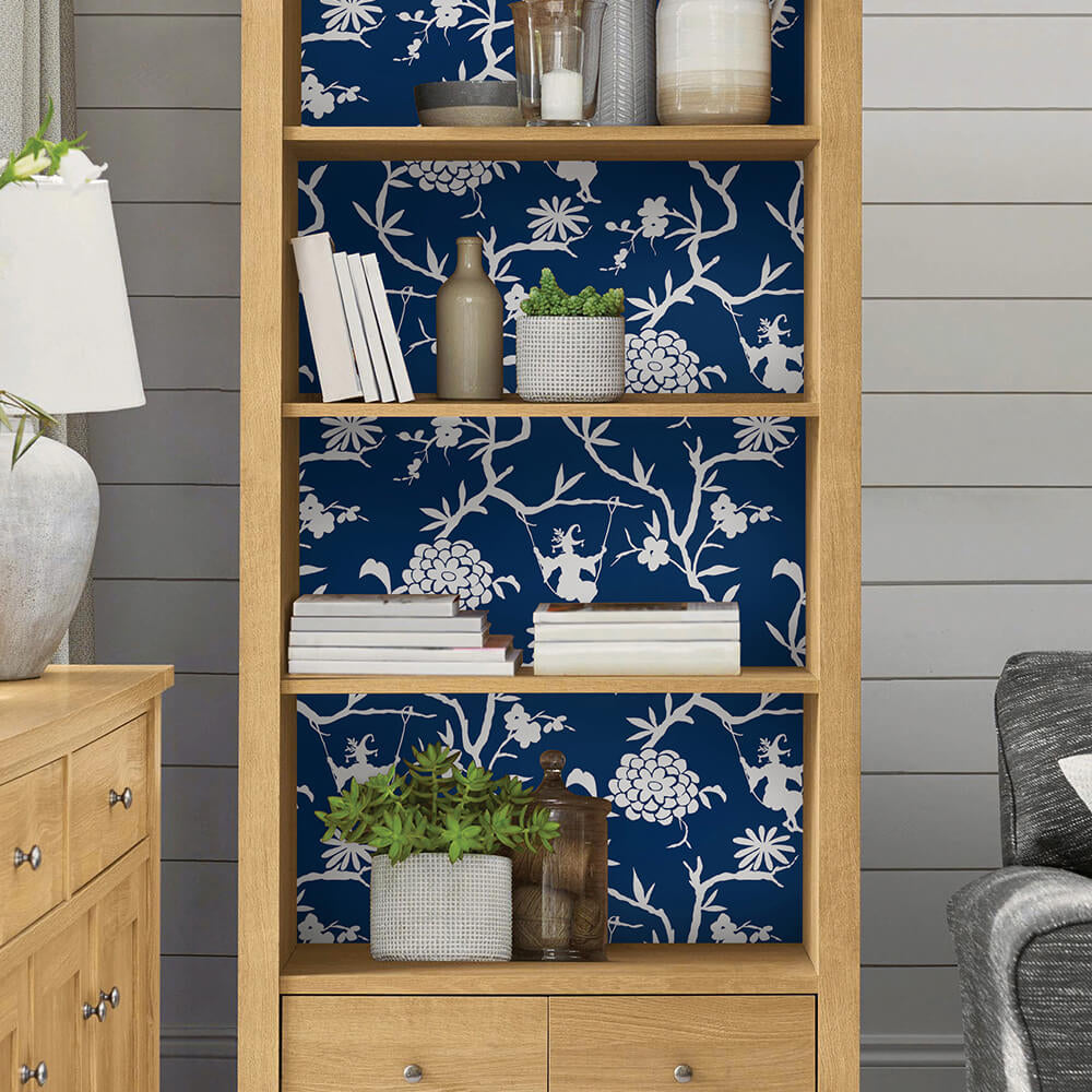
                  
                    NW36602 chinoiserie silhouette botanical peel and stick wallpaper bookcase from NextWall
                  
                