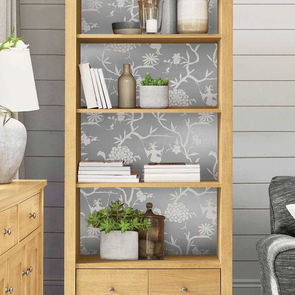 
                  
                    NW36608 chinoiserie silhouette botanical peel and stick wallpaper bookcase from NextWall
                  
                